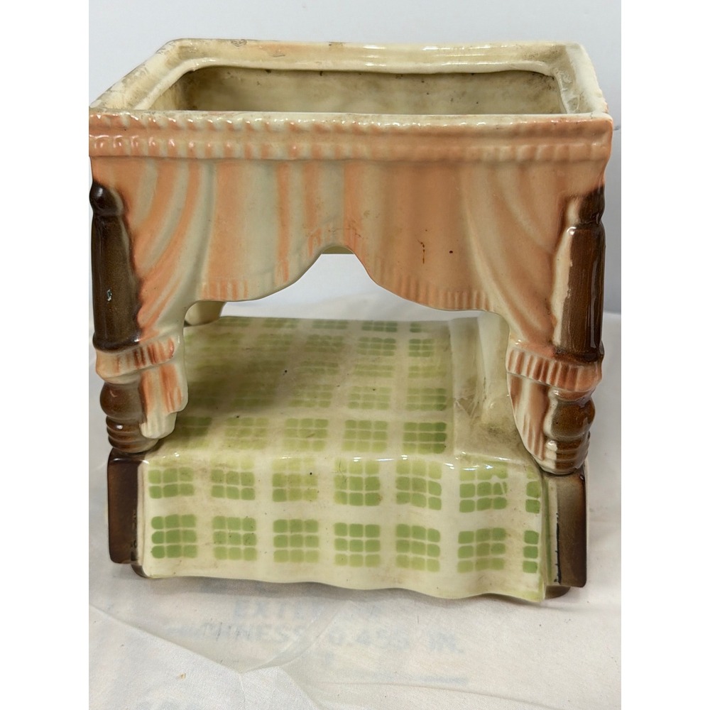 Vintage Shawnee USA Pottery Canopy Bed Planter Ceramic Green Peach Mid Century - Picture 4 of 6